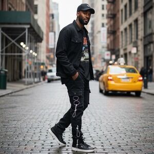 Serenade Mens Washed Black Bungee Cargo Pants Slim Fit Streetwear Size 42